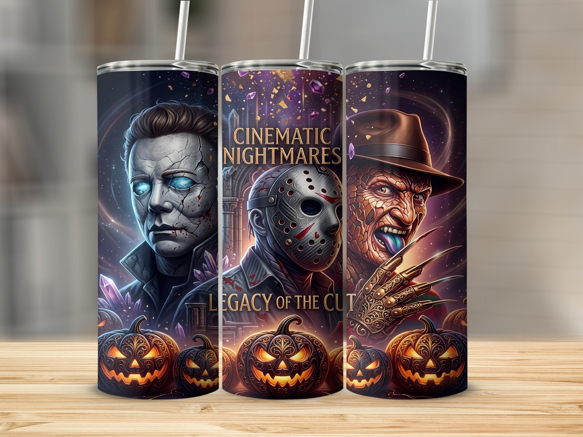 Three tumblers feature Michael Myers, Jason Voorhees, and Freddy Krueger with pumpkins and "Cinematic Nightmares" text.
