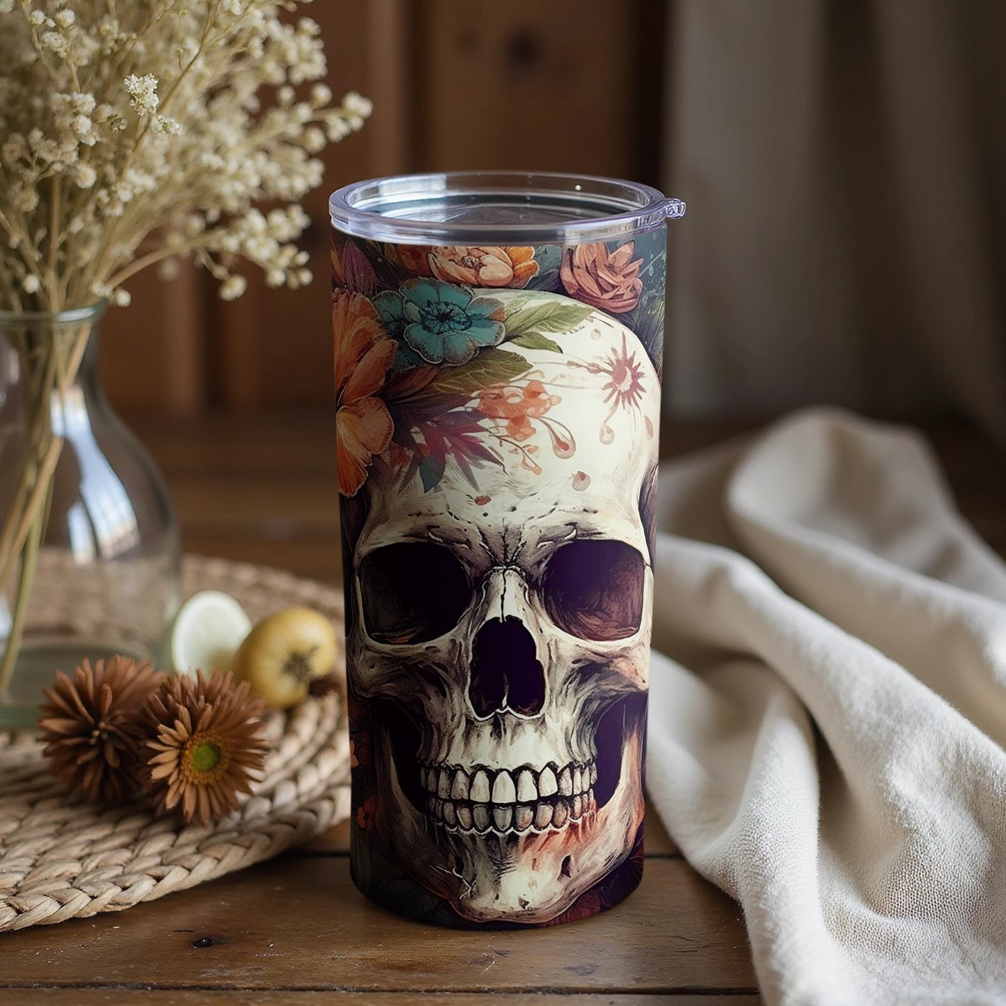 Floral Skull Art Tumbler for Stylish Drinkware