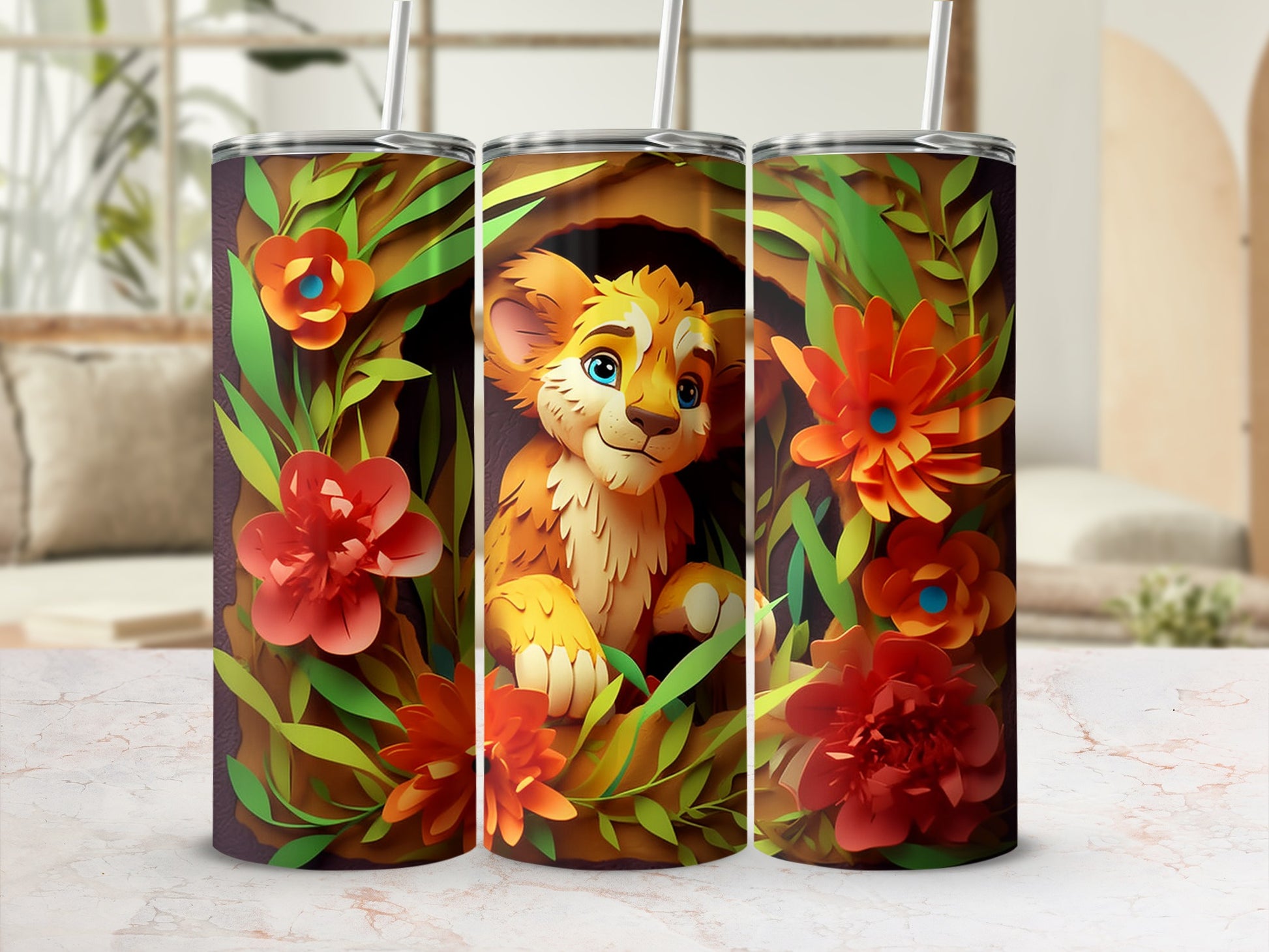 Cute Cartoon Lion with Colorful Flowers Tumbler Cup