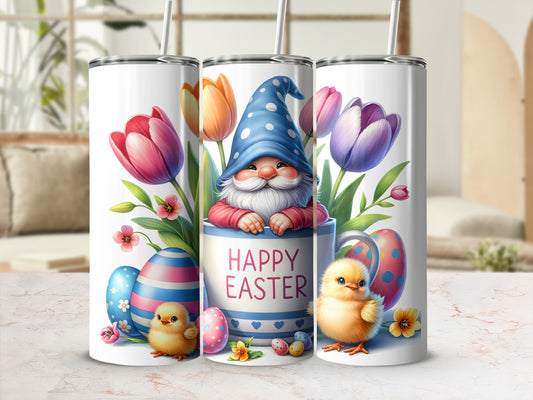 Easter gnome with tulips and chicks on a tumbler.