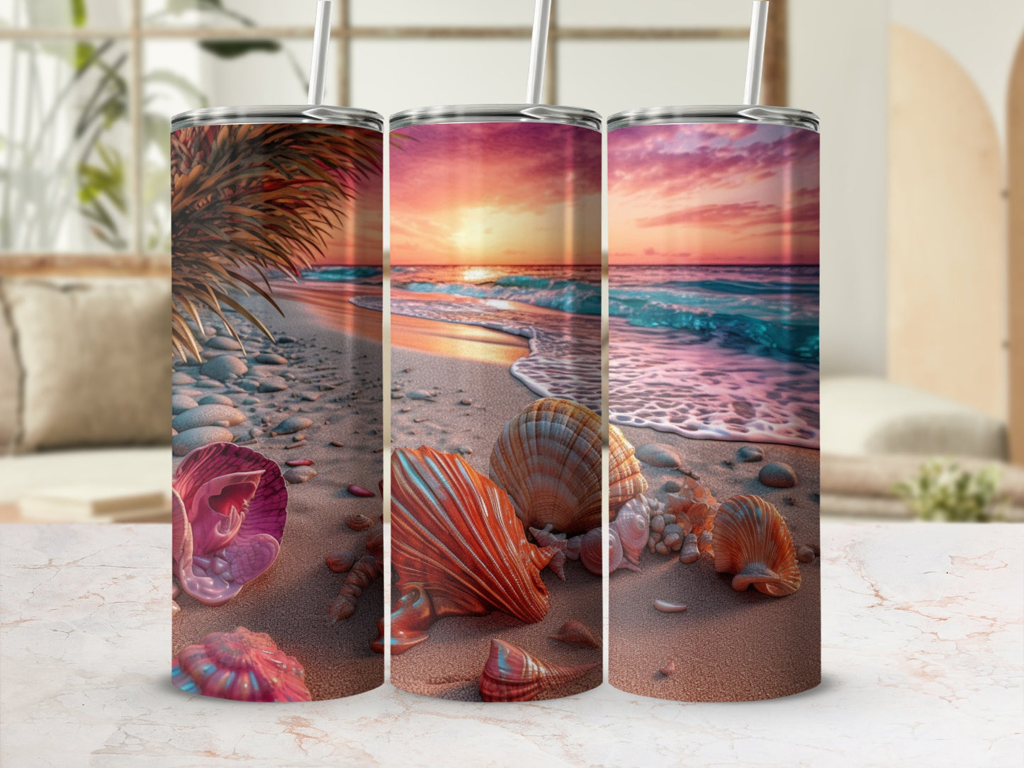 Beautiful Sunset Beach Scene Tumbler with Shells