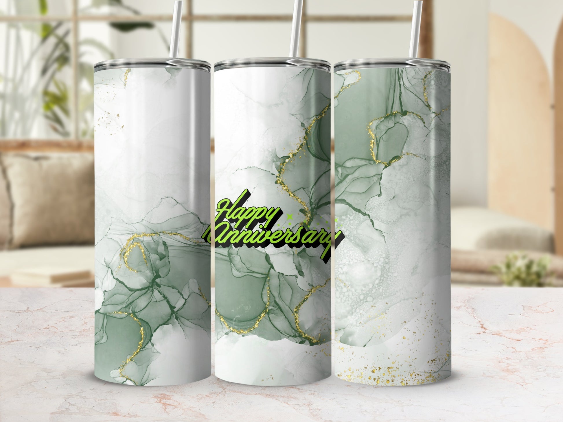 Green and gold marble pattern tumbler with "Happy Anniversary" text.