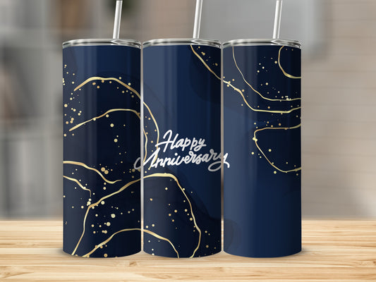 Navy tumbler with gold abstract lines and "Happy Anniversary" text.