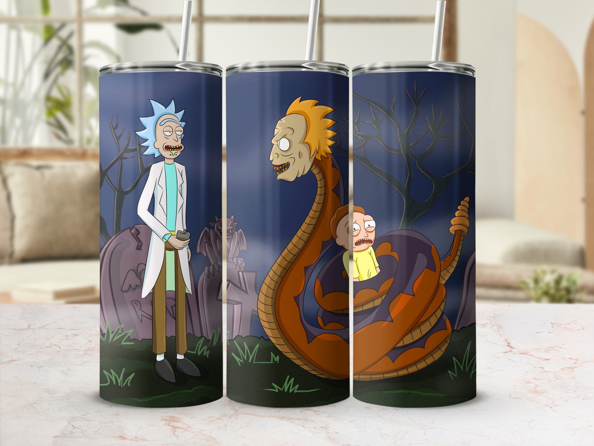 Rick and Morty Characters in Spooky Scene Tumbler