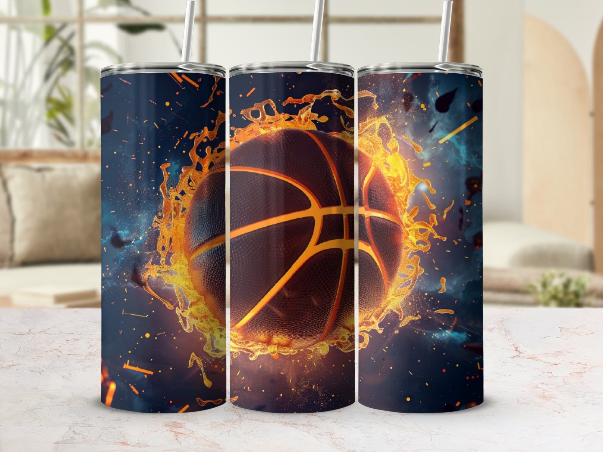 Basketball on fire with colorful sparks and flames.