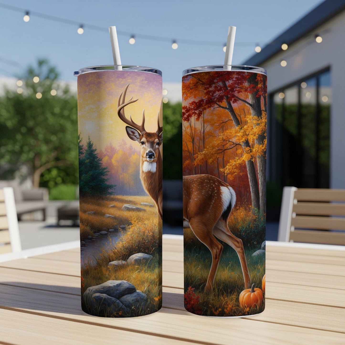 Deer in autumn forest scene on two tall tumblers.