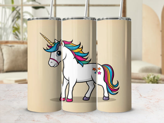 Tan tumbler with a cartoon unicorn design, featuring rainbow mane and tail.