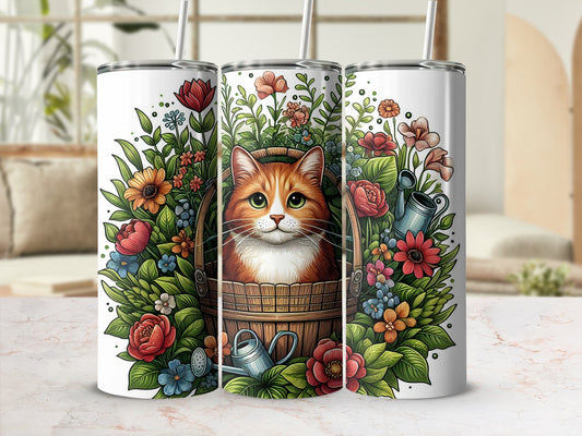 Orange tabby cat in a wooden bucket surrounded by vibrant flowers and watering cans.