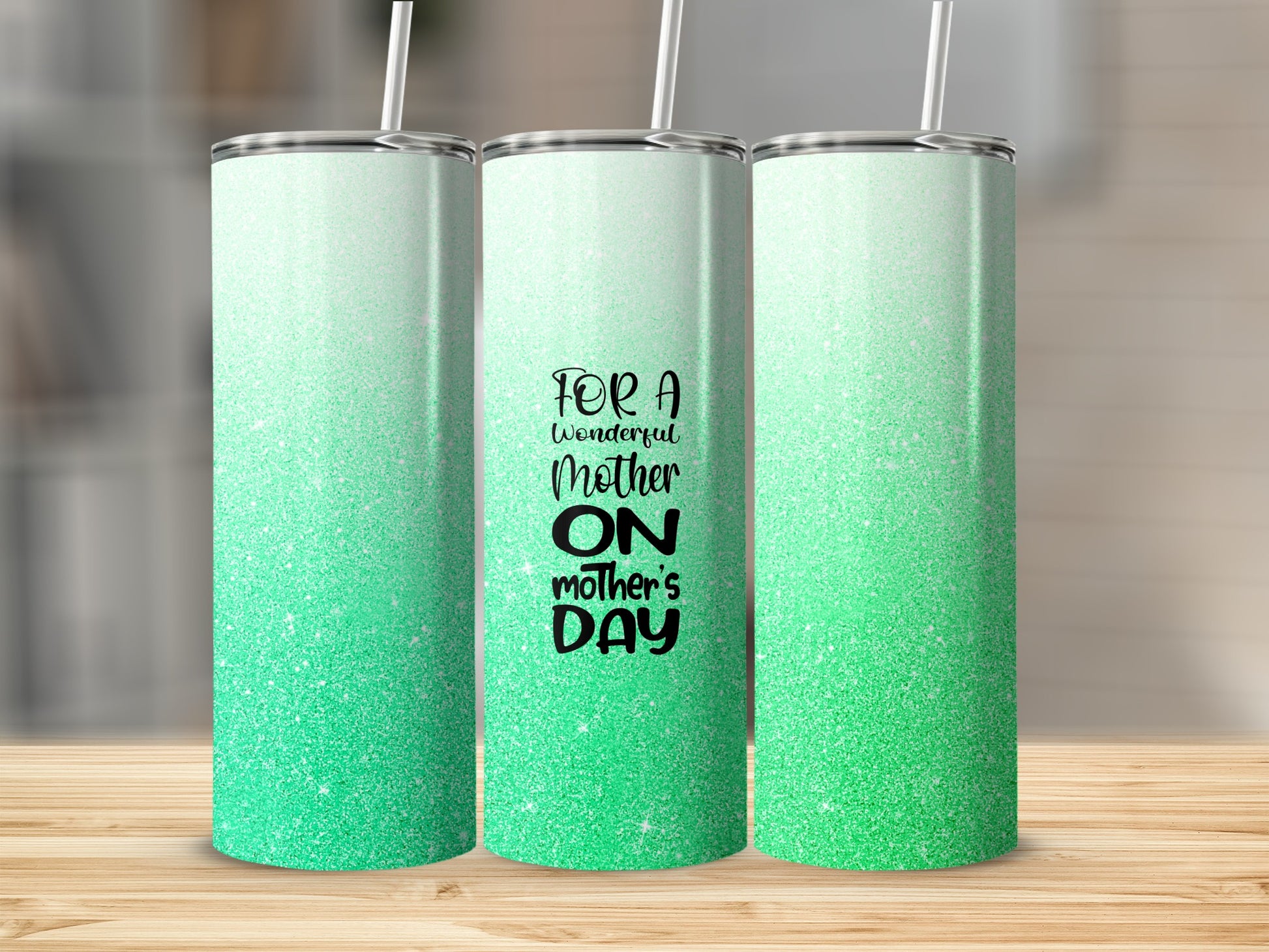 Green glitter tumbler with "For a Wonderful Mother's Day" text.