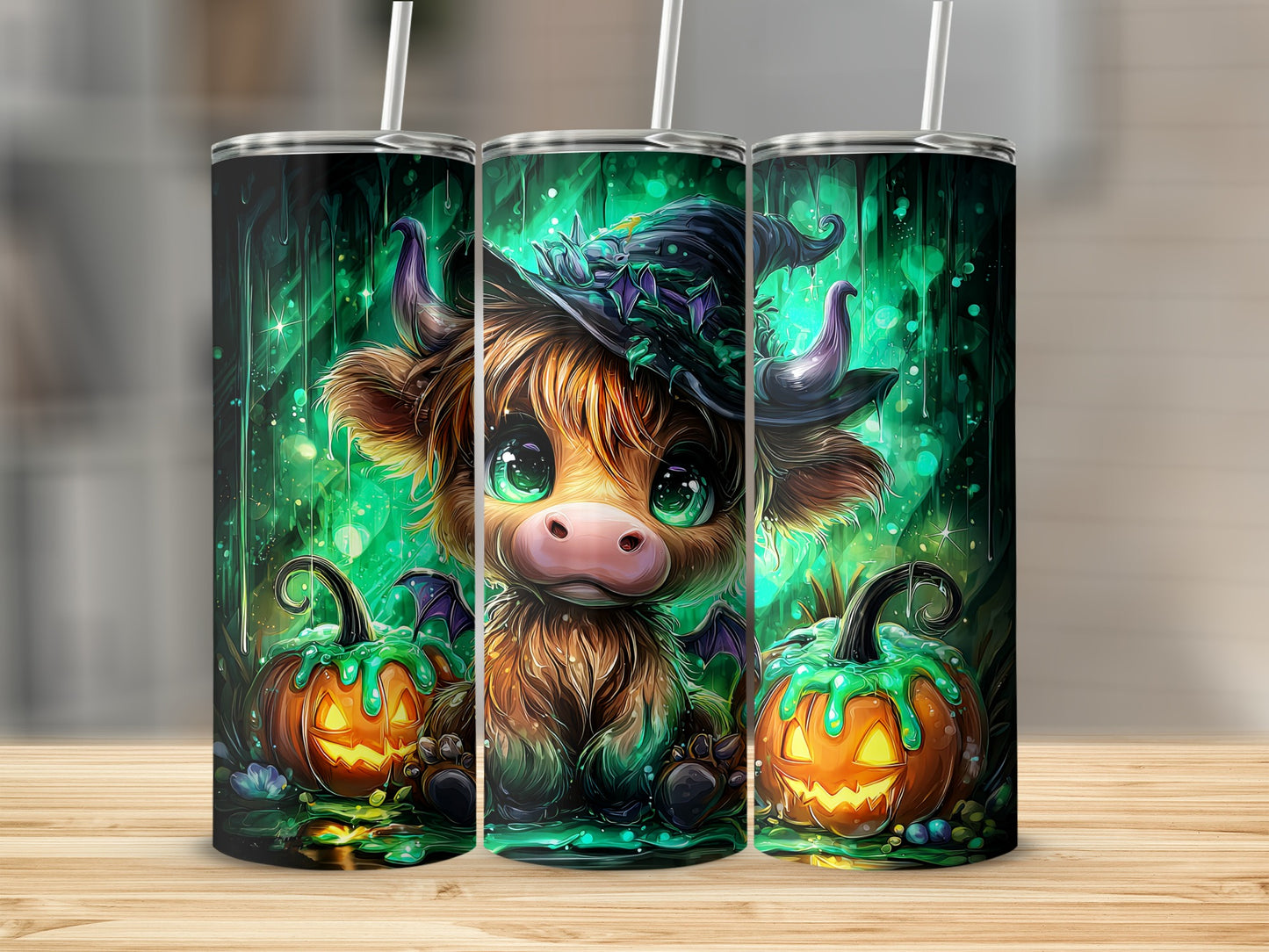 Halloween Cow Tumbler with Pumpkins and Witch Hat Design