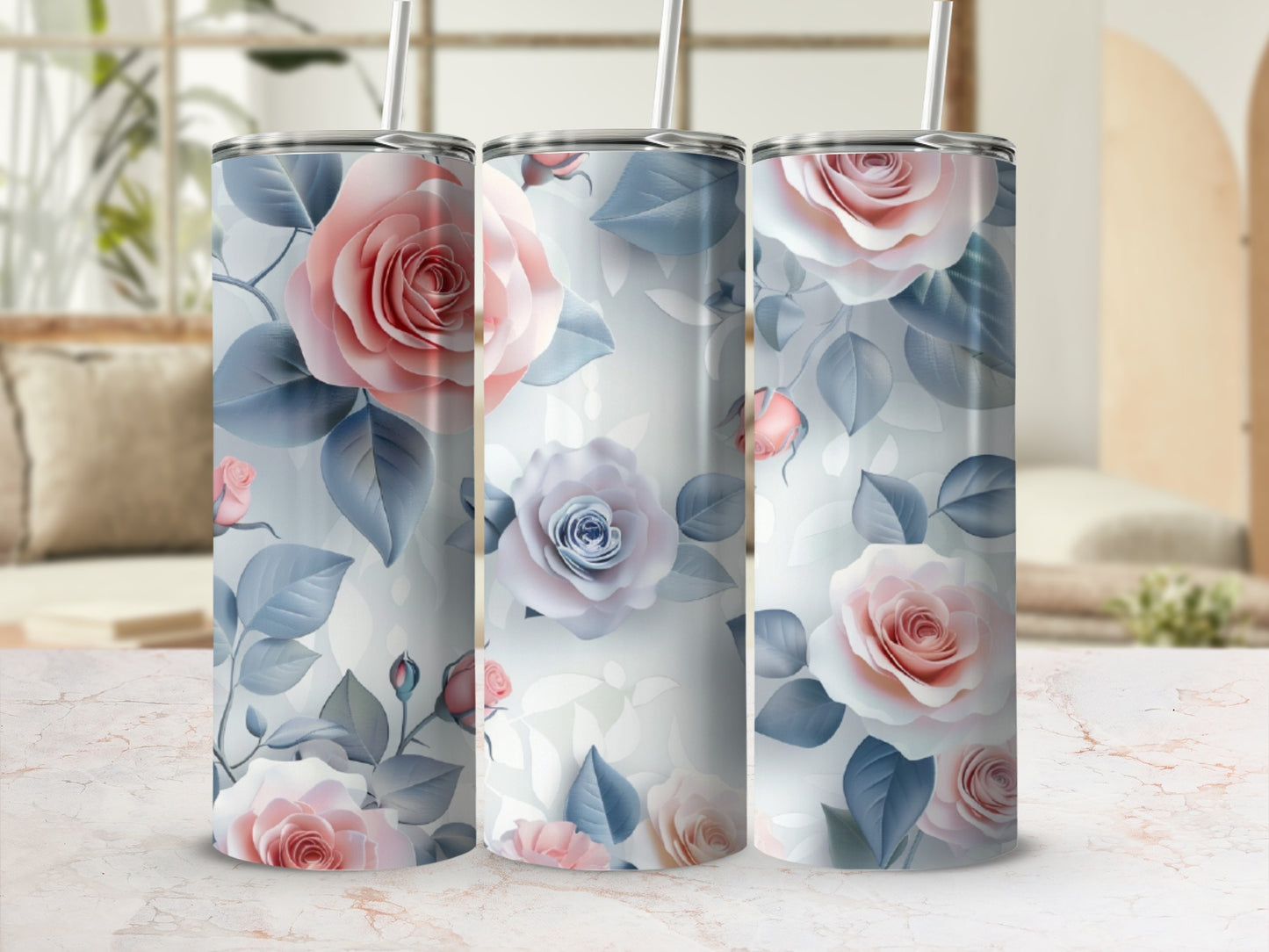 Three tumblers with pink and blue roses and leaves.