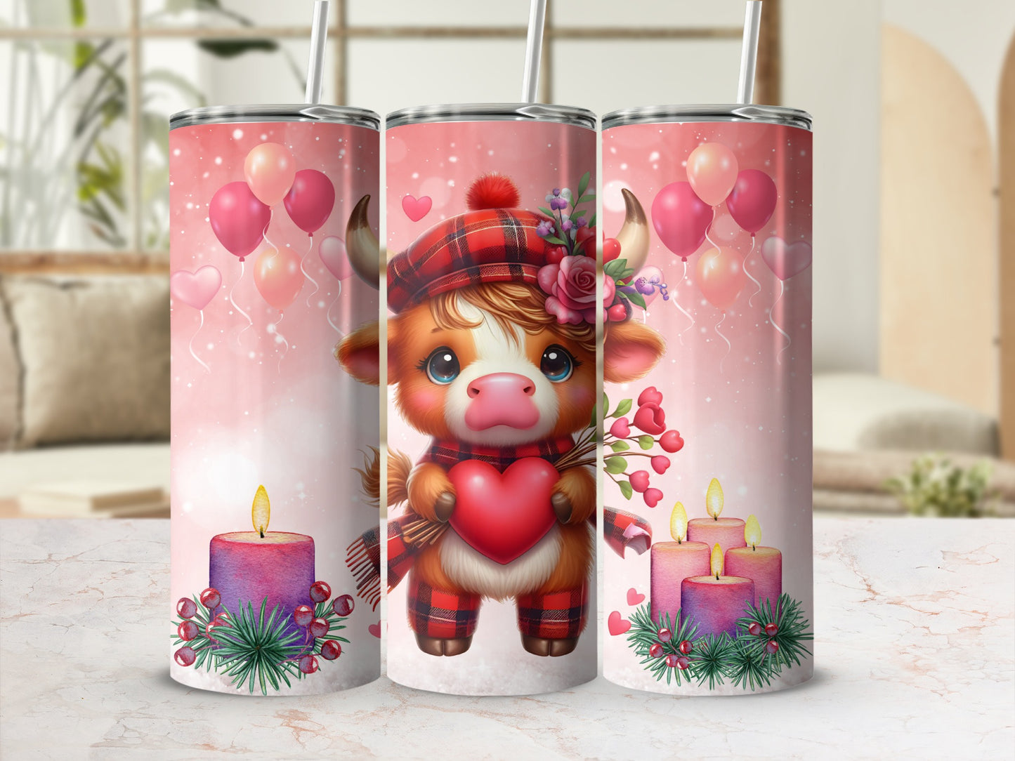 Adorable Valentine Cow with Balloons and Candles Tumbler