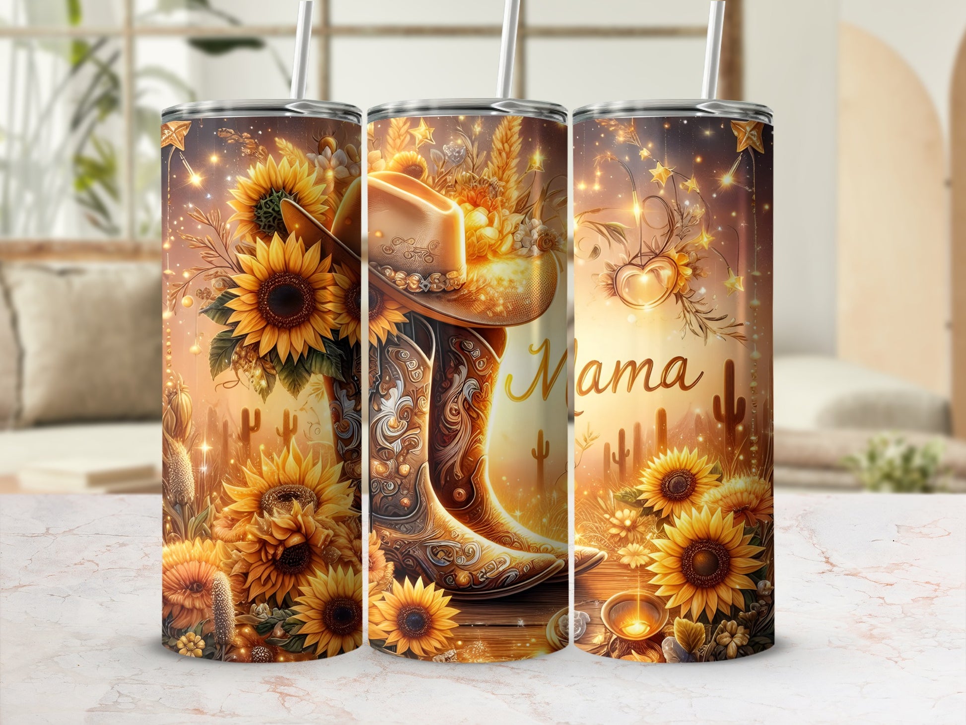 Three tall tumblers with sunflowers, cowboy boots, and the word "Mama".