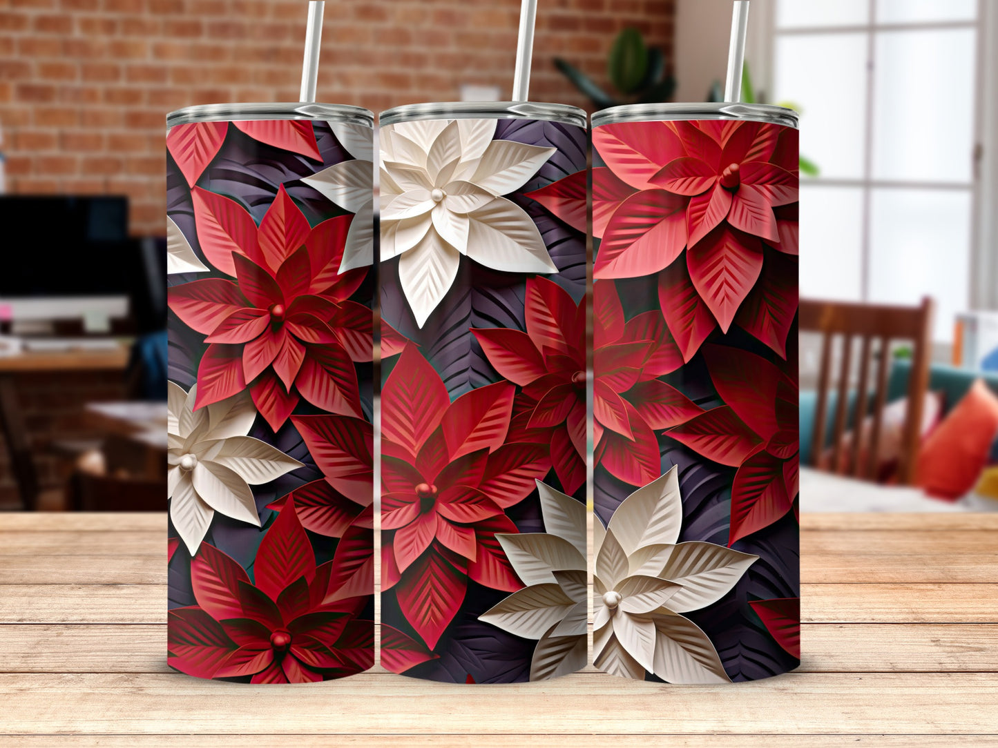 Festive Poinsettia Design Tall Drinkware Flask