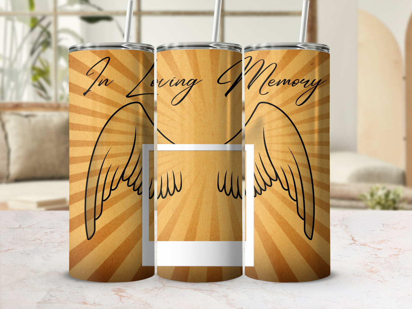 Three tumblers with "In Loving Memory" text and angel wings design.