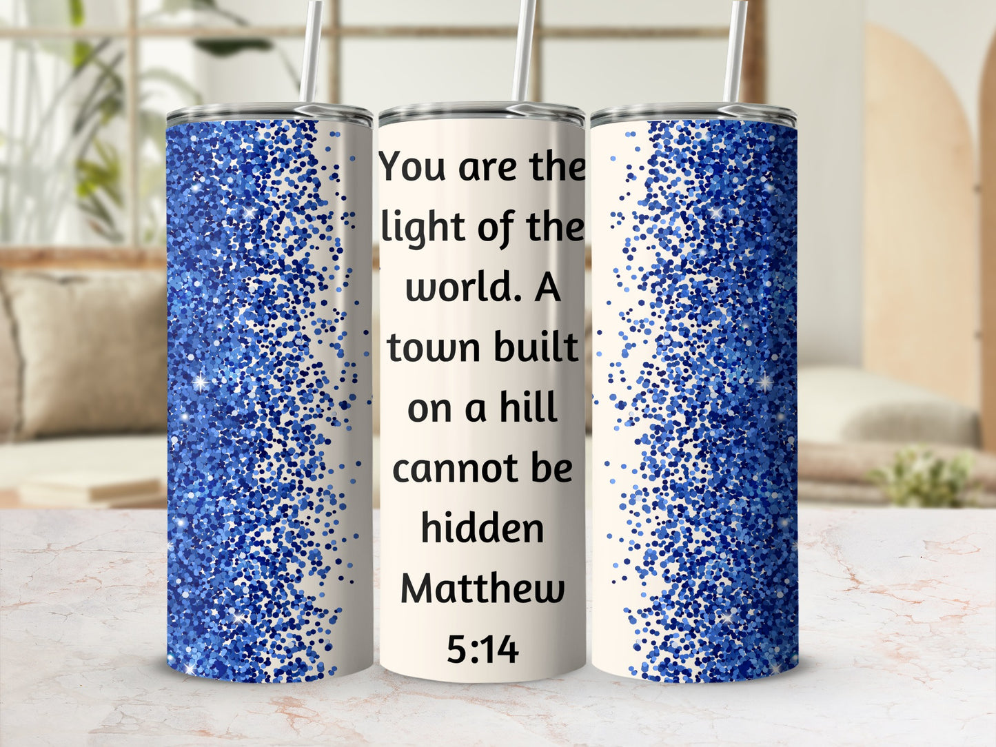 Glittery Blue and White Faith Quote Tumbler