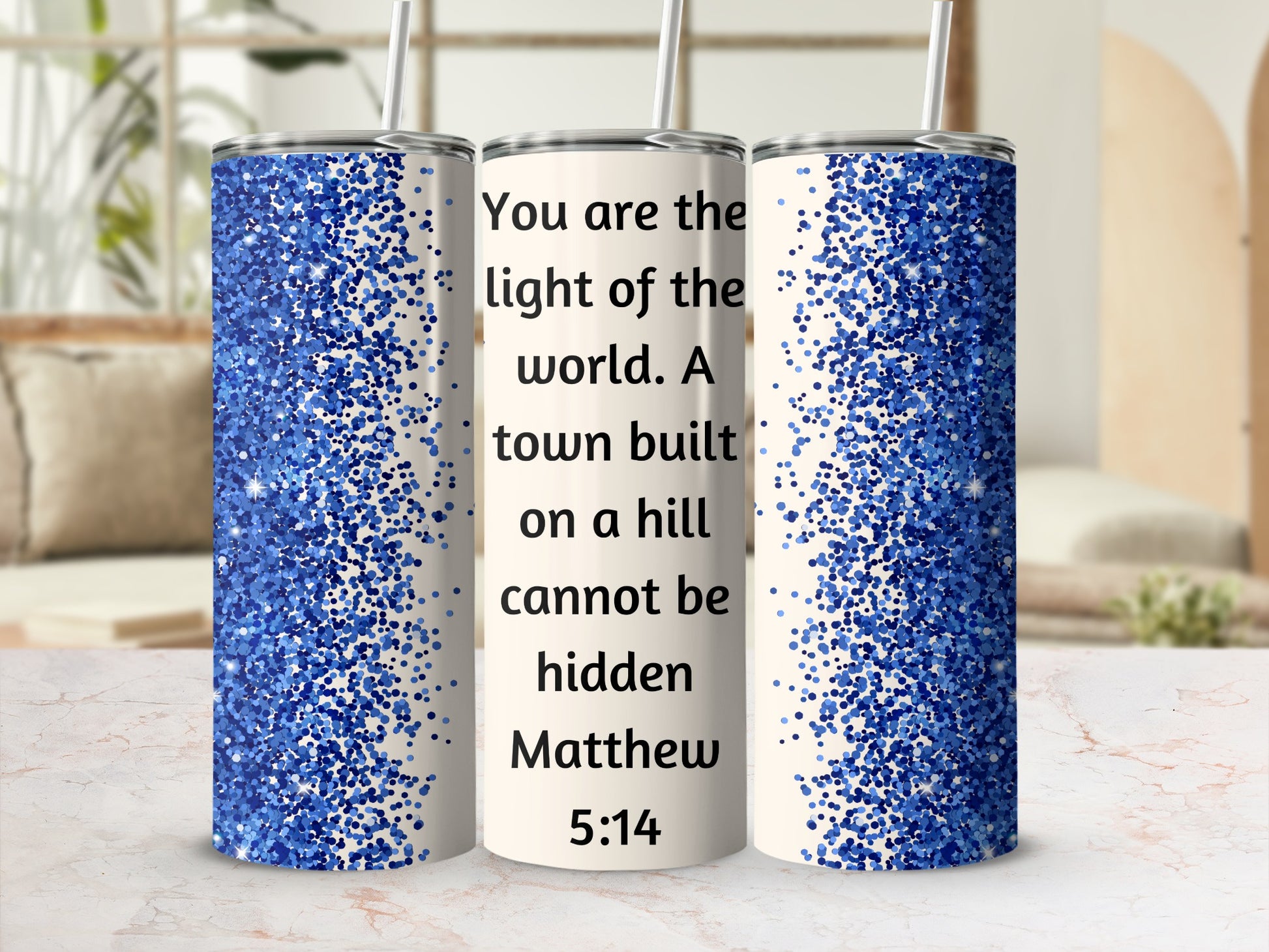 Glittery Blue and White Faith Quote Tumbler