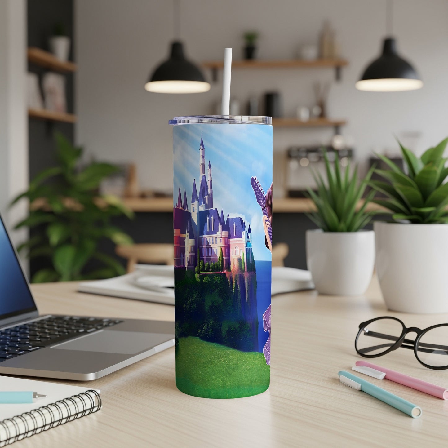 Tall tumbler with fantasy castle, dragon, and blue sky design.