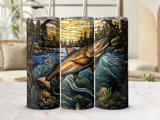 Salmon leaping from river with forest and sunset background on three tumblers.
