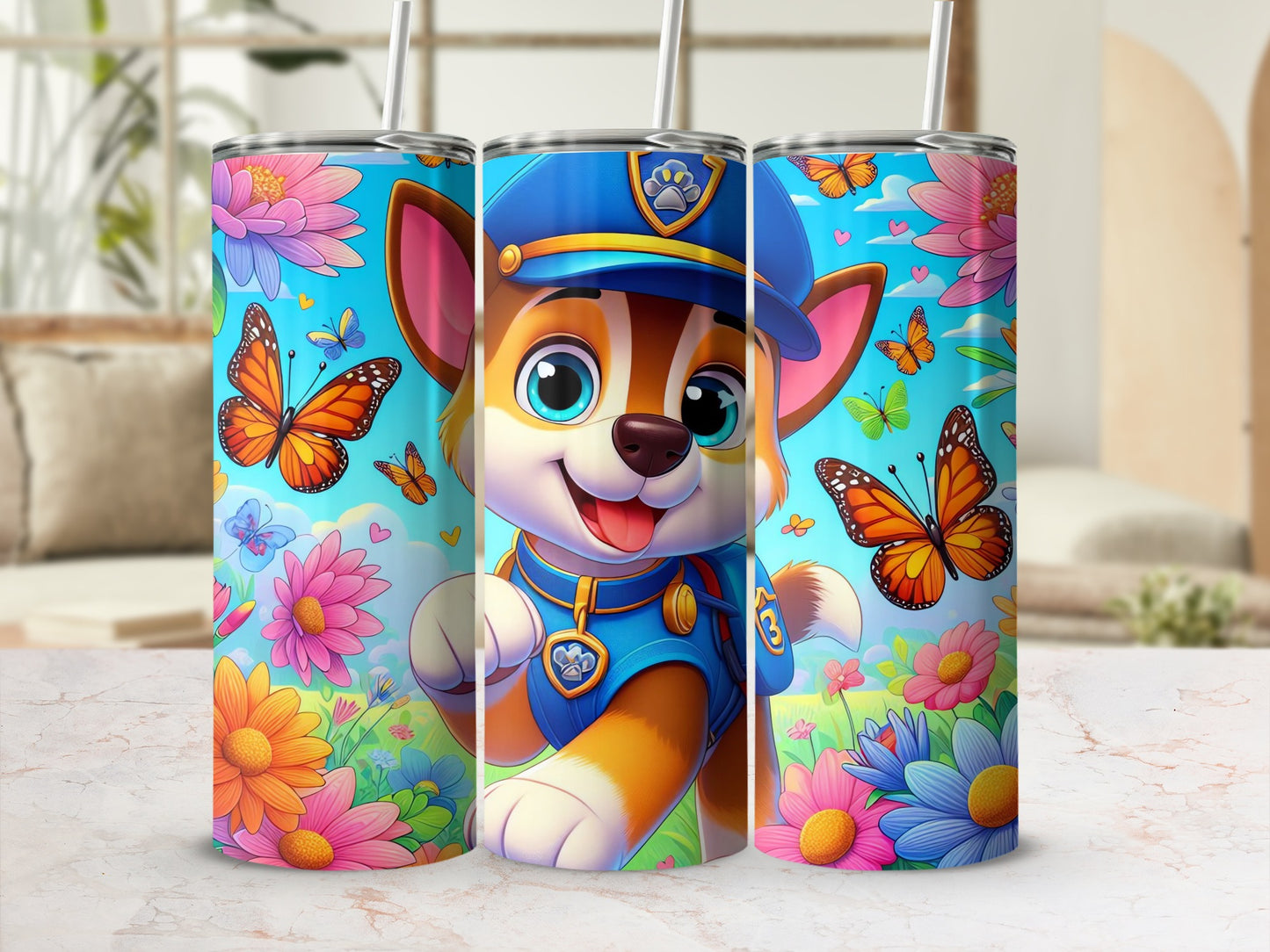 Colorful Cartoon Puppy and Butterflies Tumbler Cup