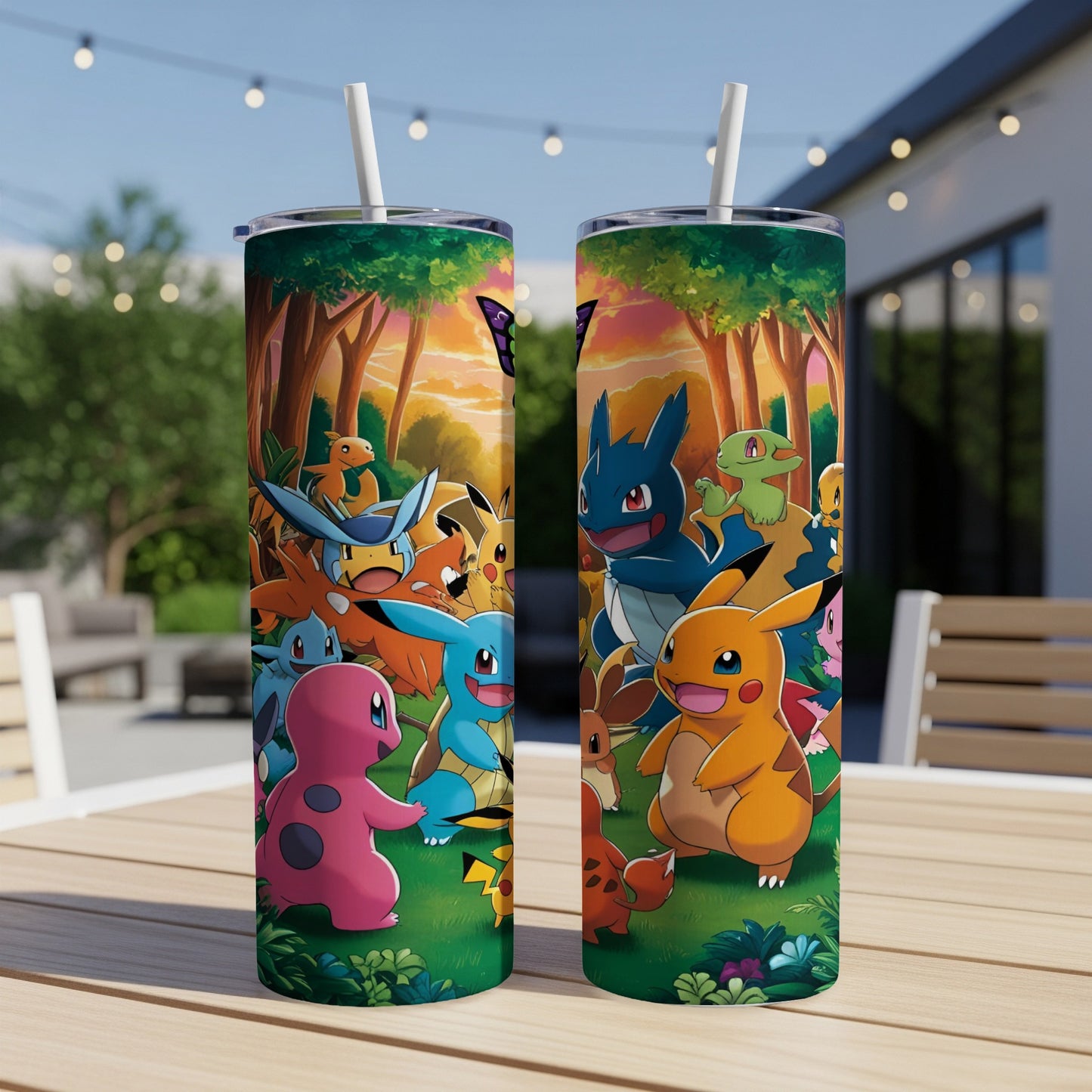 Pokemon characters including Pikachu and Charmander on a tumbler.