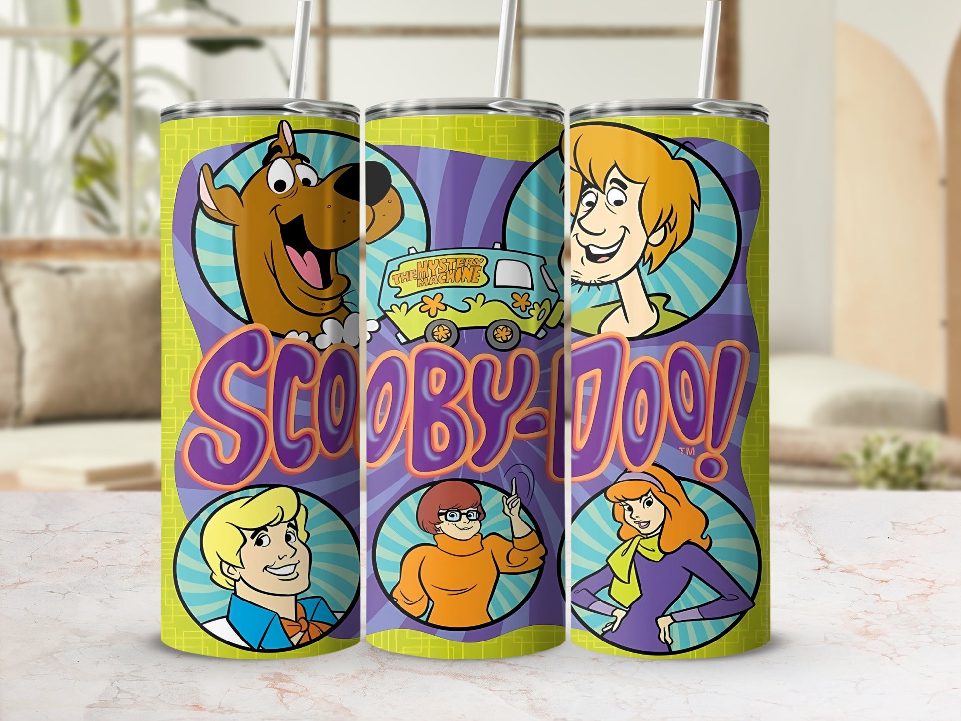 Scooby-Doo characters and Mystery Machine on a green tumbler with a straw.
