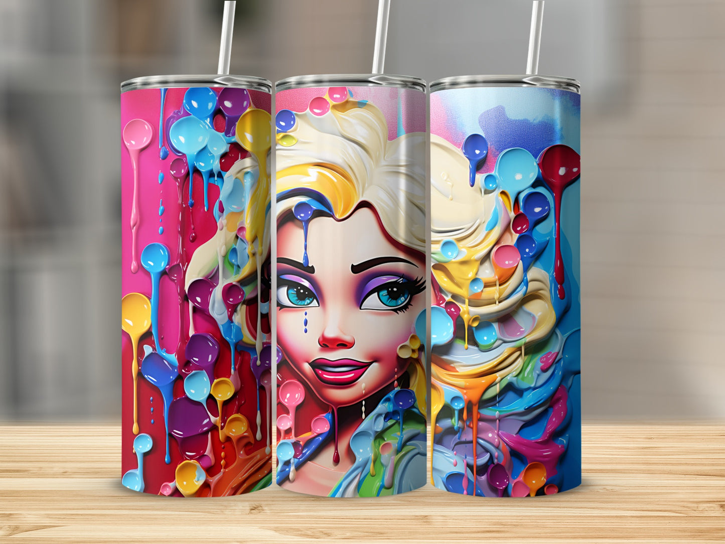 Colorful Drip Art Tumblers with Vibrant Woman Design