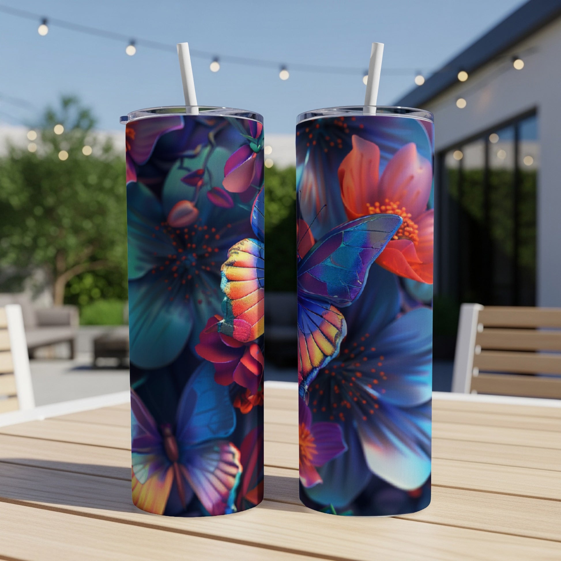 Two tumblers with butterflies and colorful floral designs on a patio table.