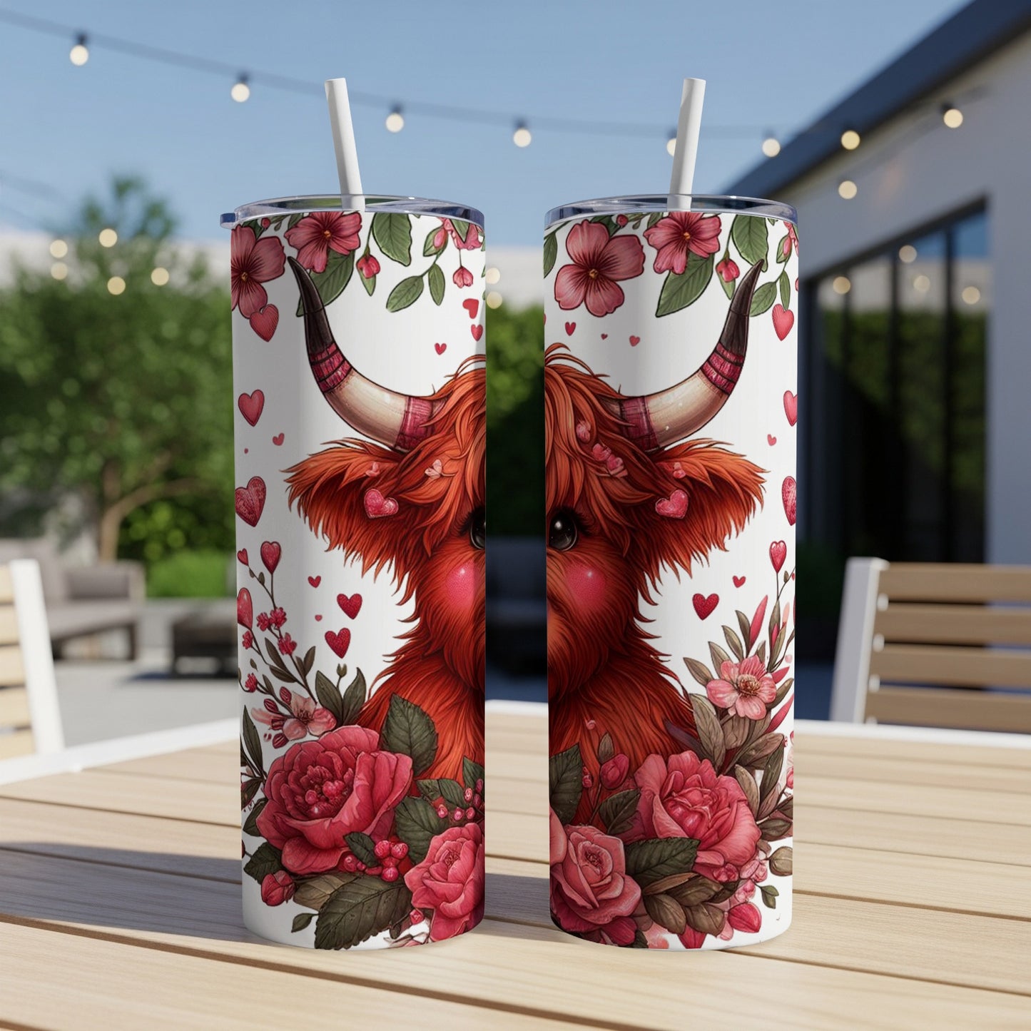 Highland cow illustration with red roses and hearts on a tumbler.