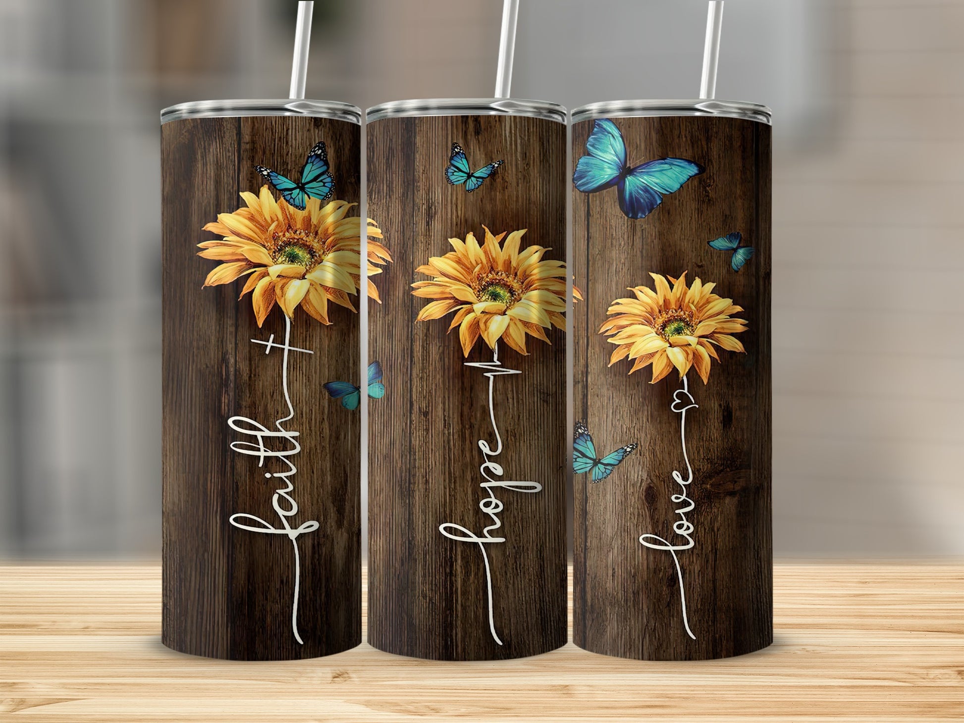 Sunflower Butterfly Faith Hope Love Tumblers