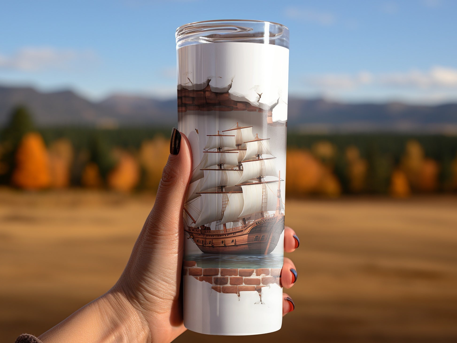 Scenic Tall Ship Travel Mug with Landscape Background