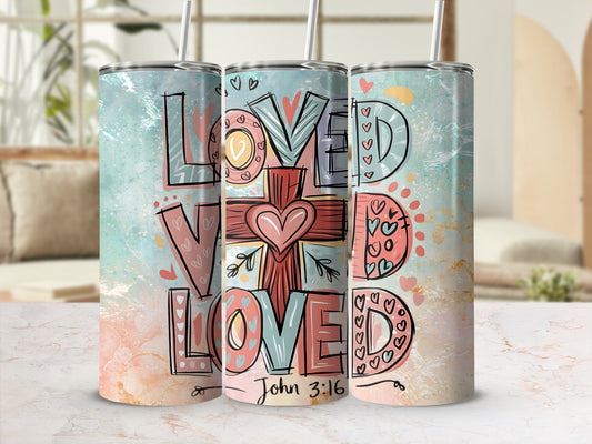Loved John 3:16 Tumbler with Colorful Heart and Cross Design
