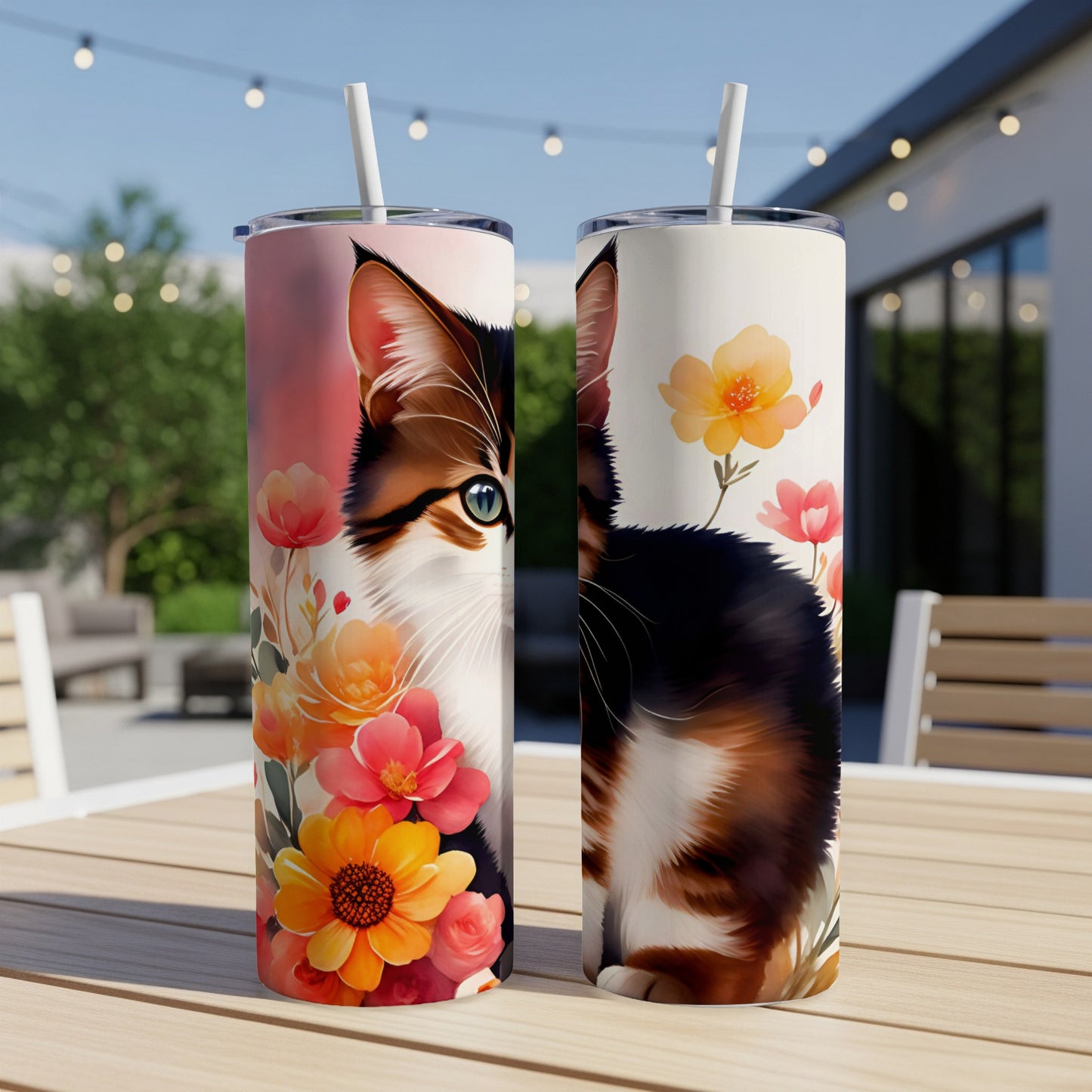 Two tumblers with calico cat and floral designs on a table.