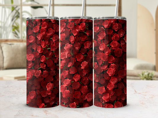 Three tumblers covered in a dense pattern of deep red roses.