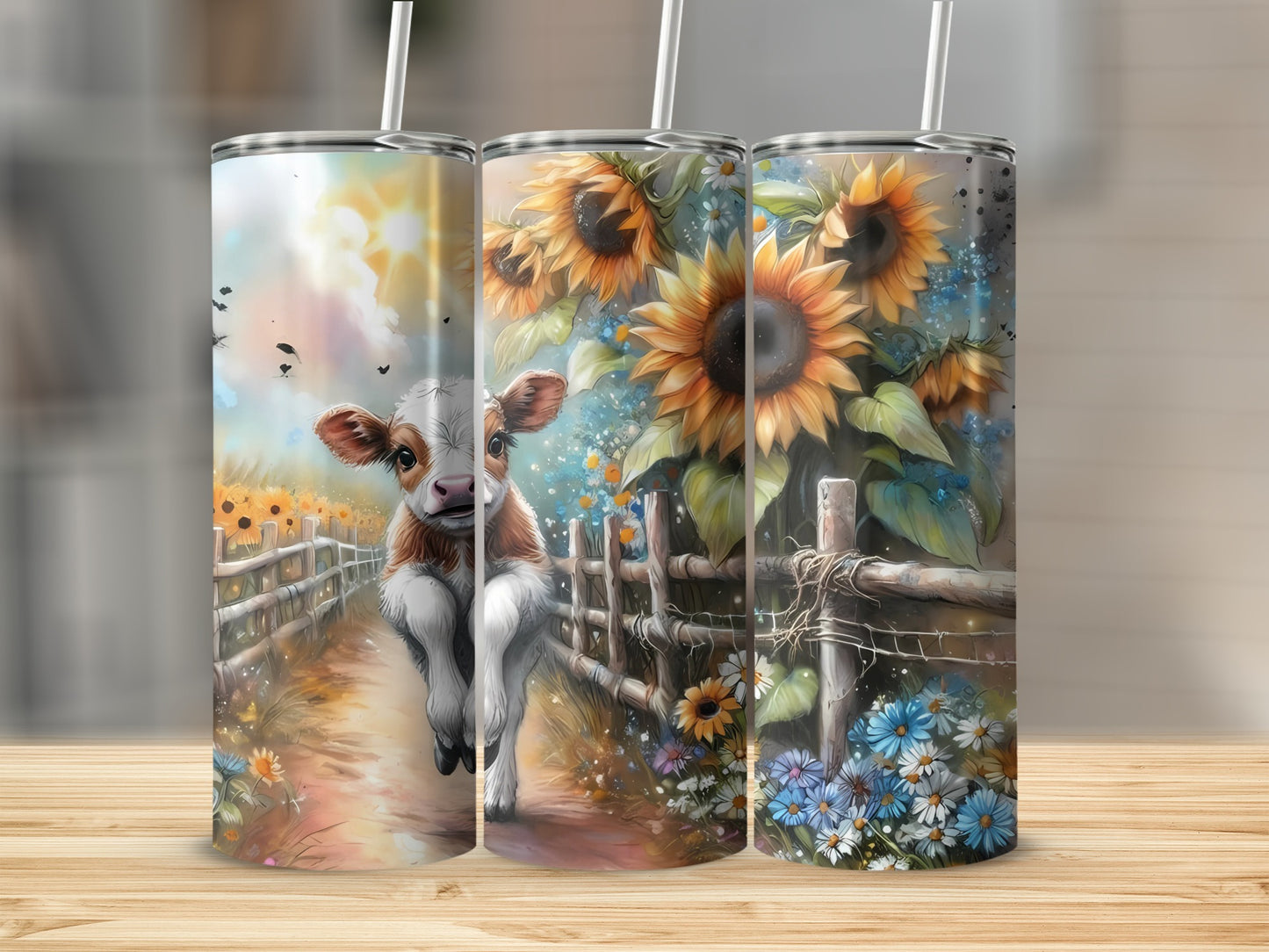 Sunflower and Calf Design Tumbler Cups Trio