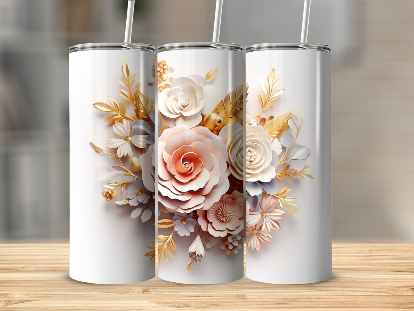 Elegant Floral Beverage Tumbler with White and Gold Design
