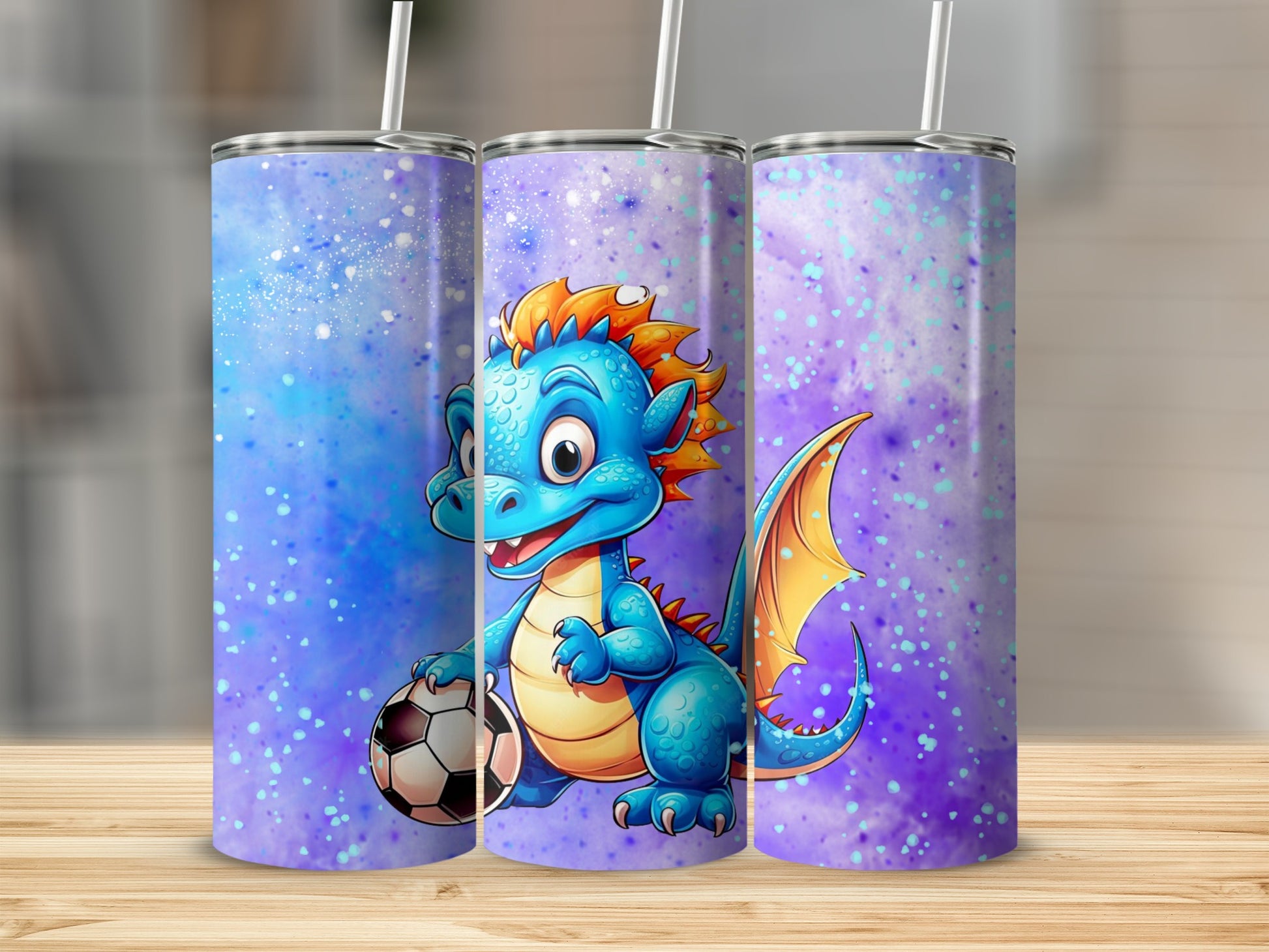 Cute Blue Dragon Soccer Art Tumbler with Straw Cup