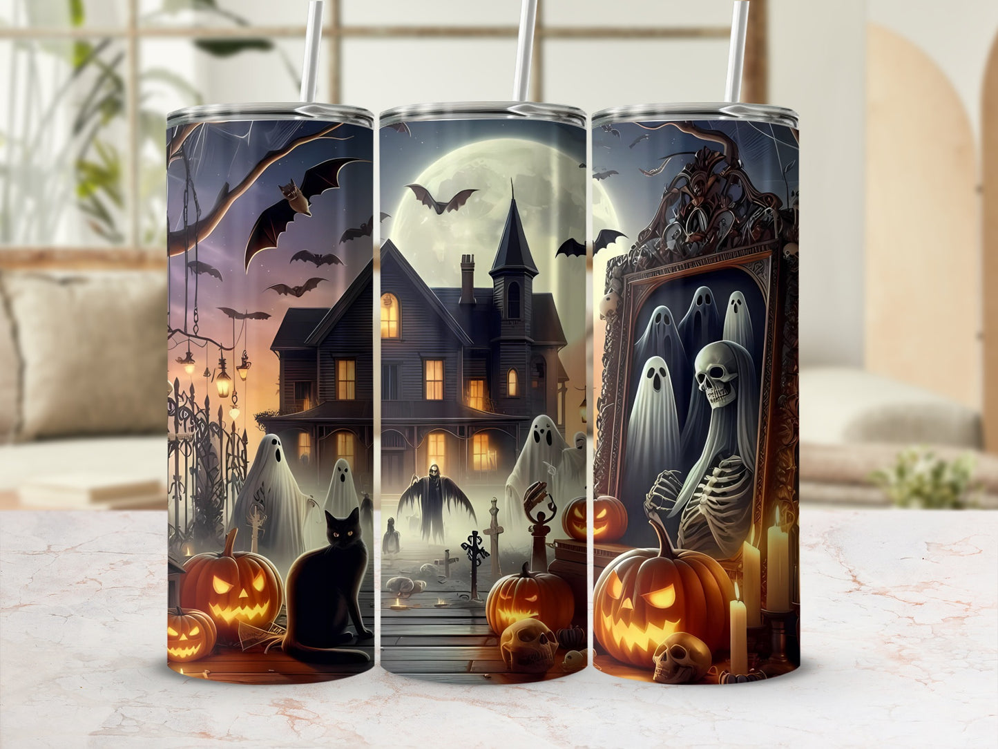Halloween tumblers featuring a haunted house, ghosts, bats, pumpkins, black cat, and skulls.