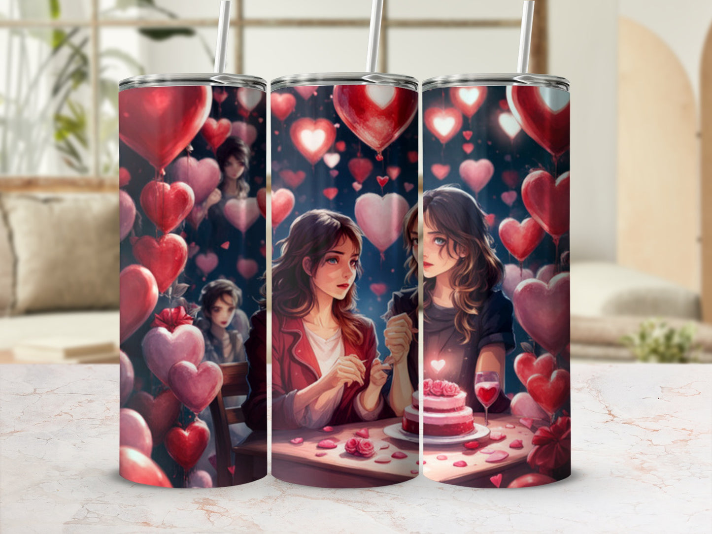 Two young women share a cake and drinks with heart-shaped balloons.