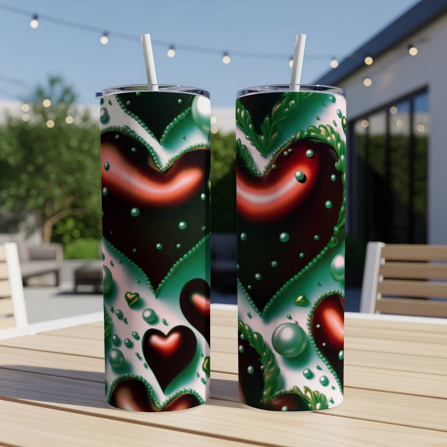 Two tumblers with a dark green background and a red heart pattern.