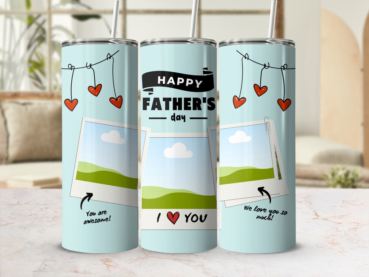 Three tumblers with "Happy Father's Day" and photos.