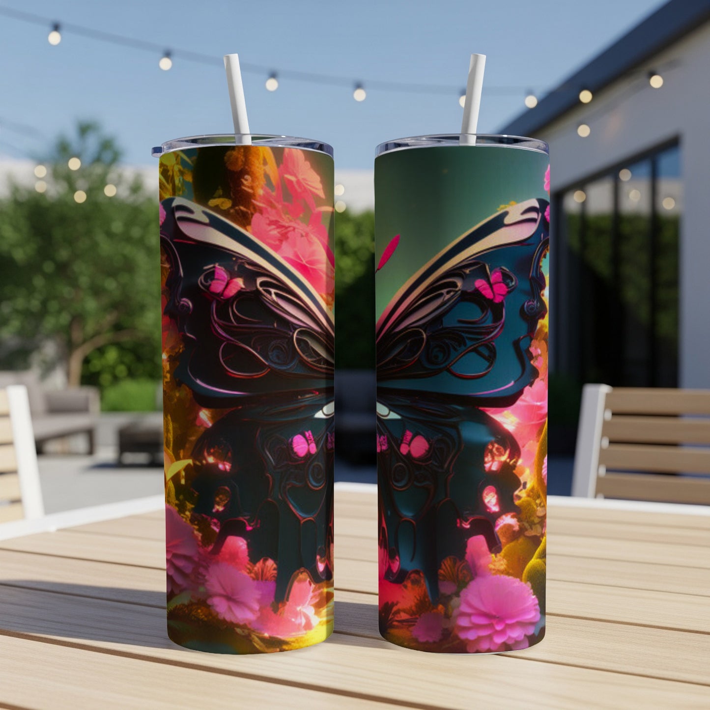 Two tumblers with iridescent butterfly wings and floral accents, displayed outdoors.
