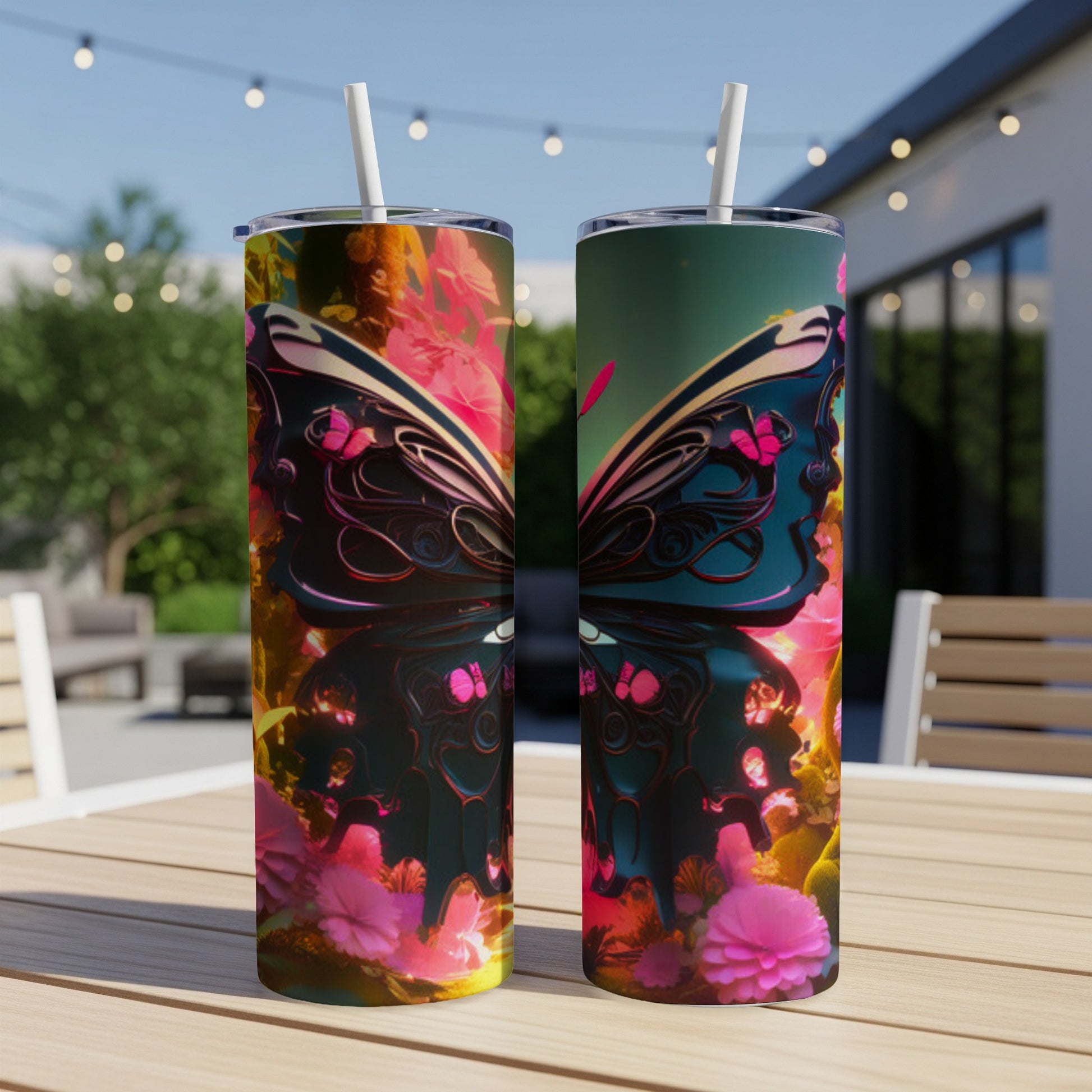 Two tumblers with iridescent butterfly wings and floral accents, displayed outdoors.