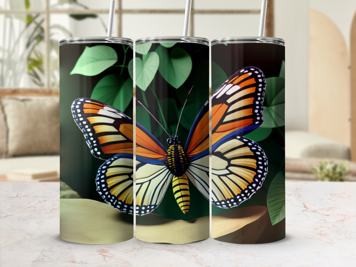 Triptych of a Monarch butterfly against a blurred background with green leaves.