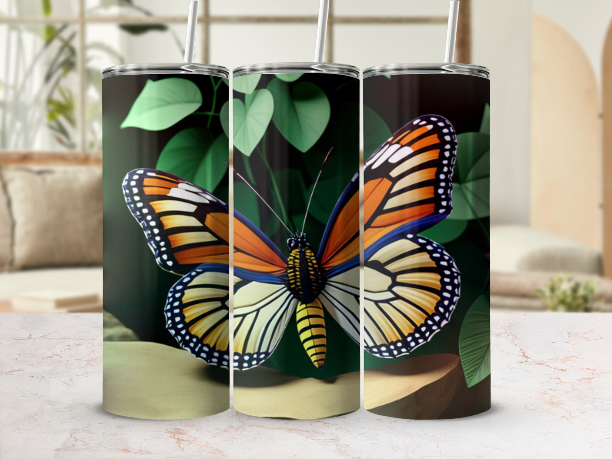 Triptych of a Monarch butterfly against a blurred background with green leaves.