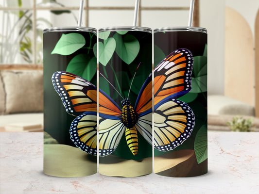 Triptych of a Monarch butterfly against a blurred background with green leaves.