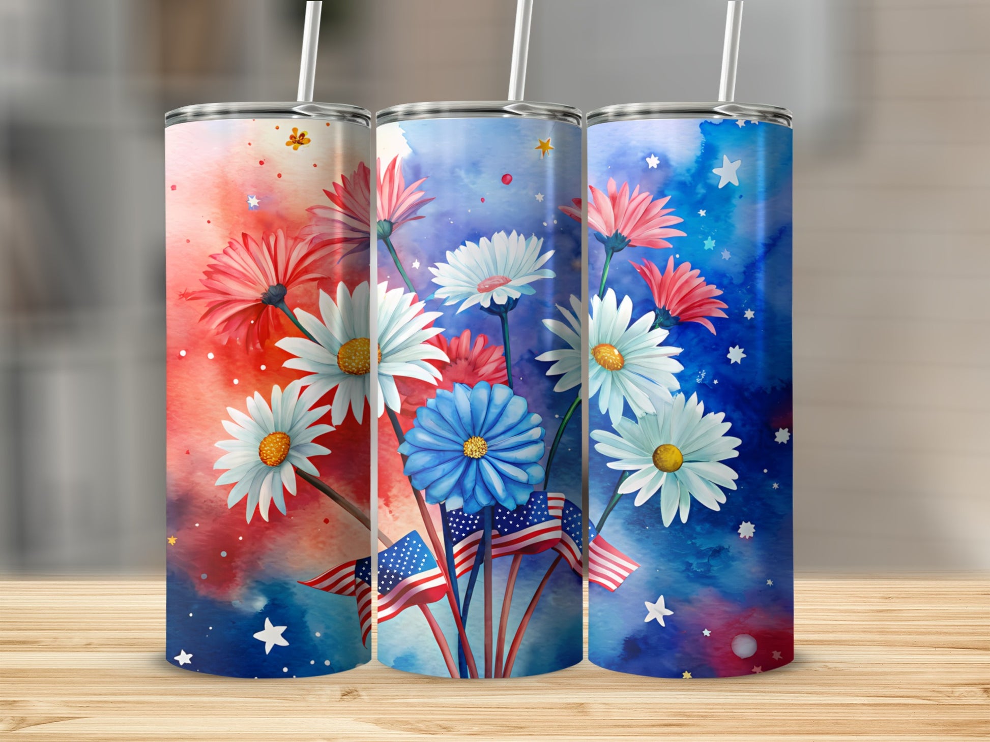 Red, white, and blue daisies with American flags against a starry watercolor background.
