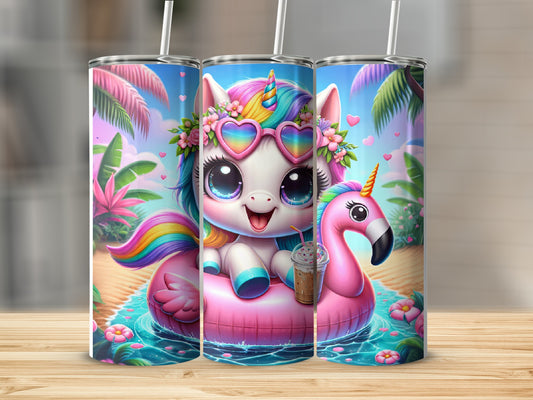 Unicorn in flamingo float with iced coffee and palm trees.