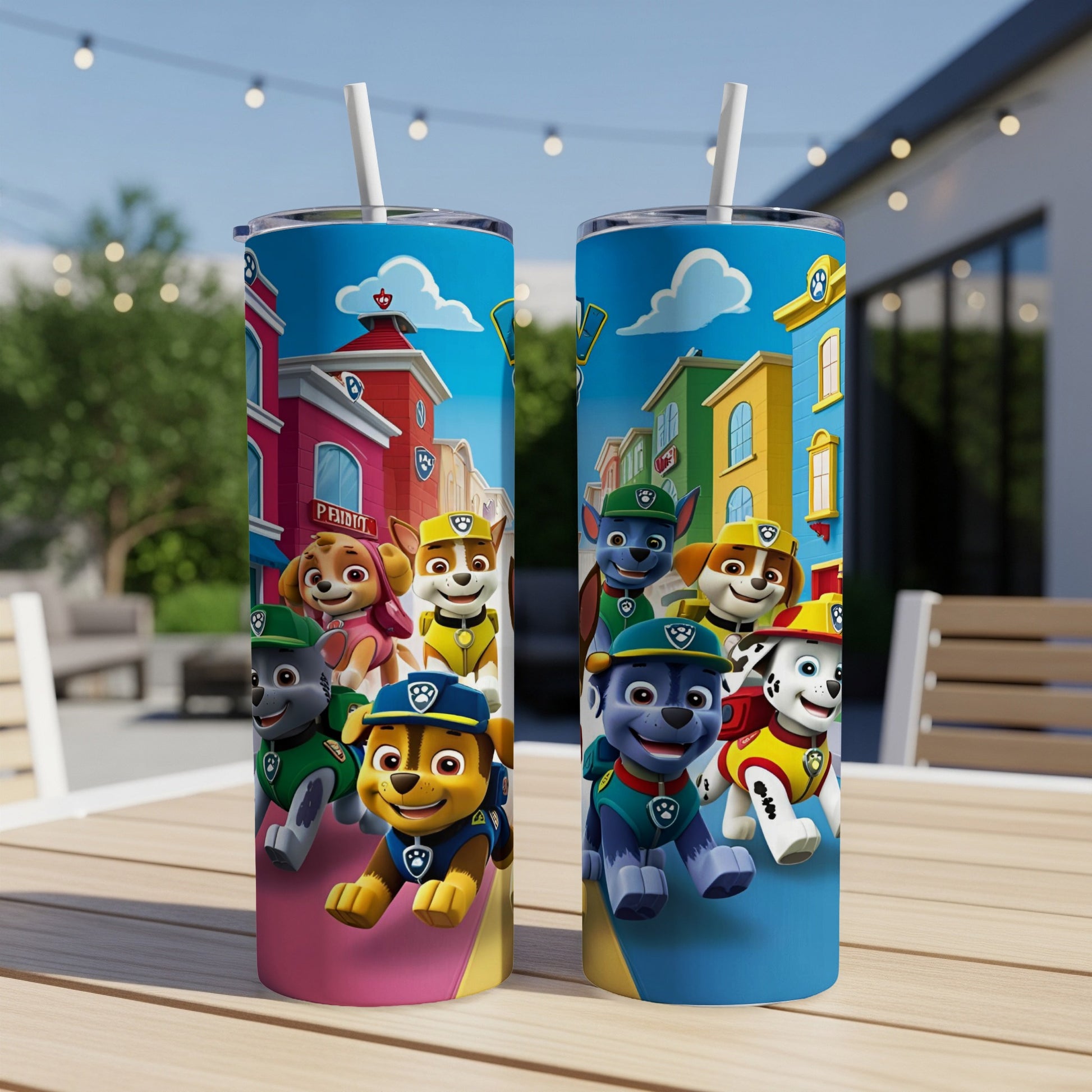 Paw Patrol characters on colorful insulated tumblers with straws.