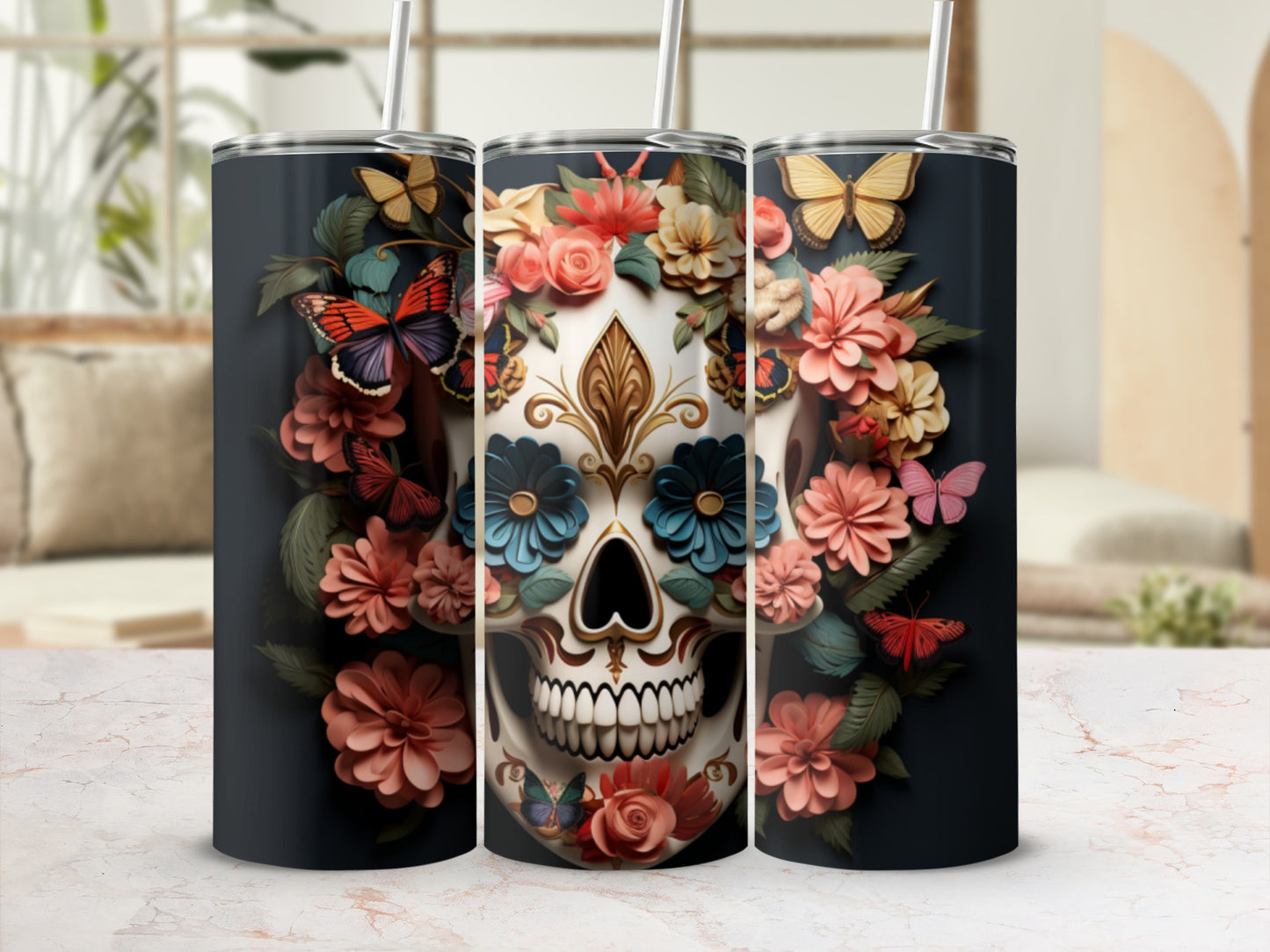 Floral Skull and Butterflies Design Tumbler